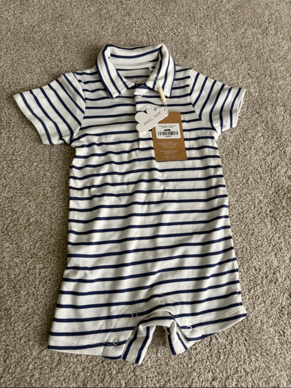 Angel Dear 6-12M Striped Baby Polo Romper in White and Navy, NWT